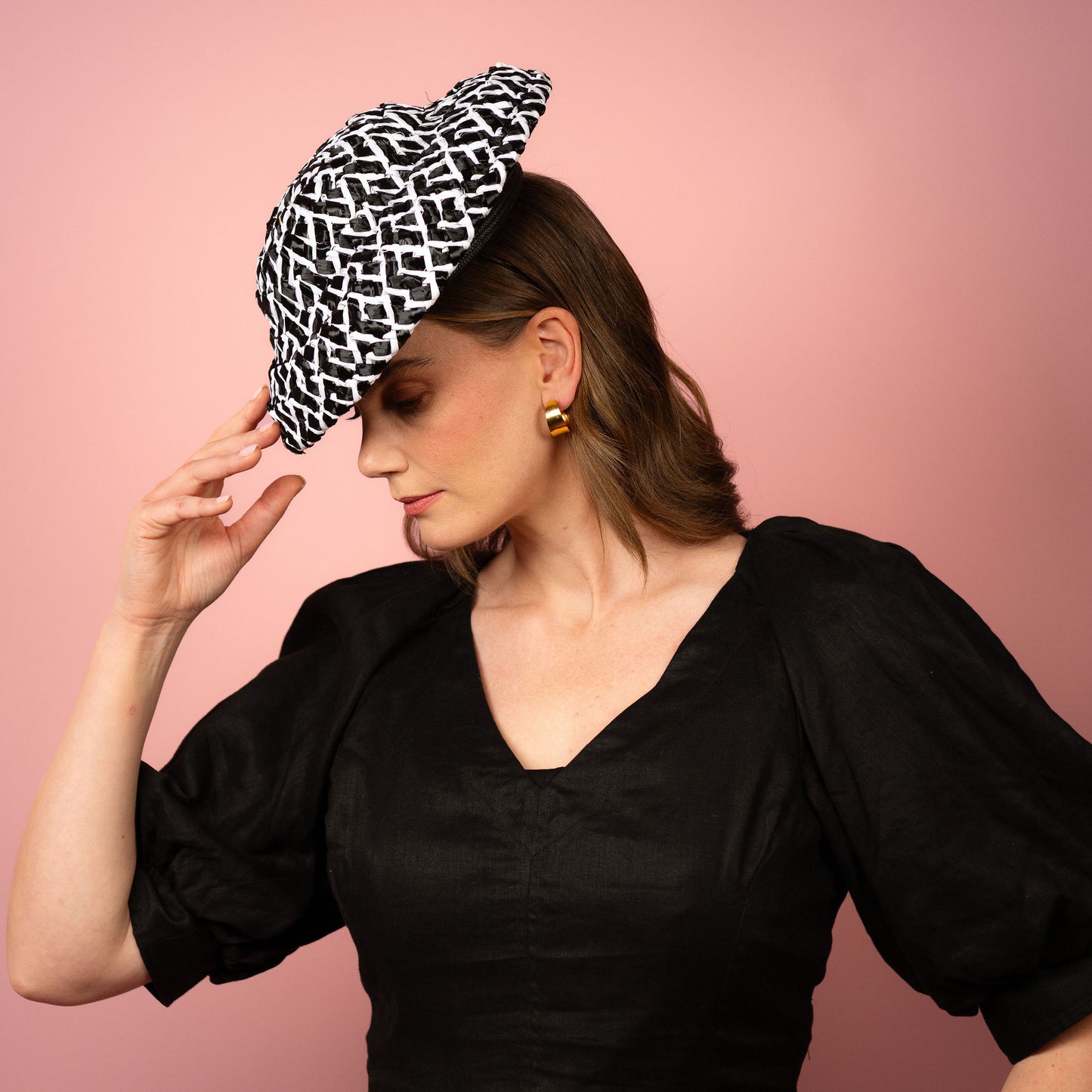 Fleur soft shaped brimmed hat in black and white straw Spring Racing Headpiece