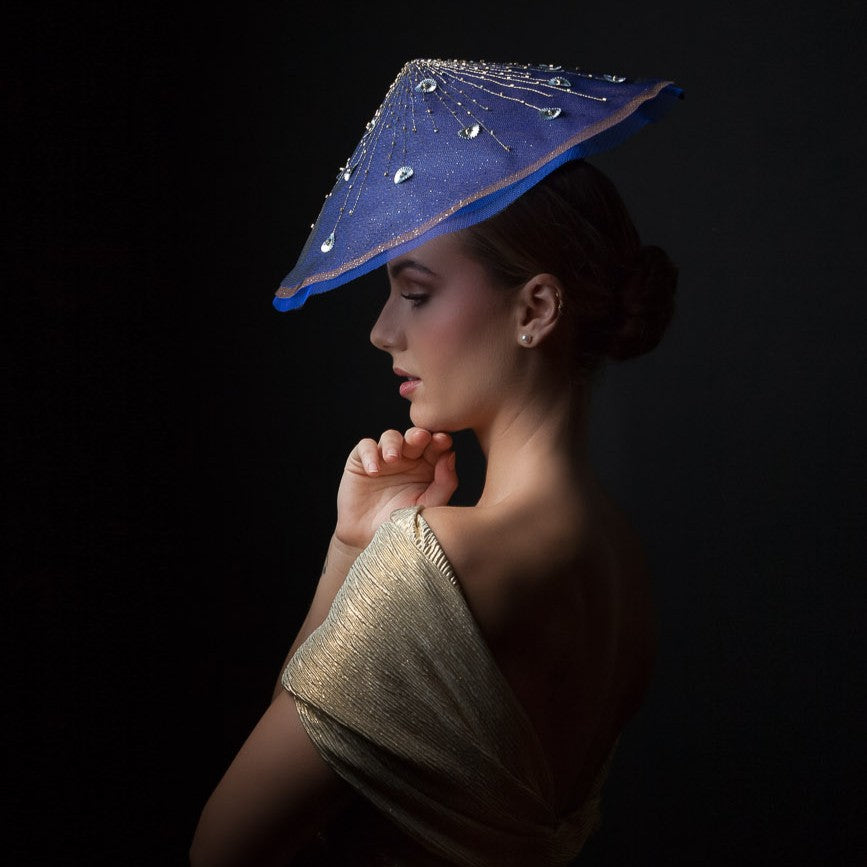Firework headpiece in navy and sparkle tulle with metallic stitching and beading
