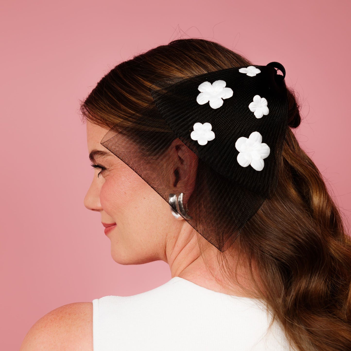 Margot back of haed bow black and white floral