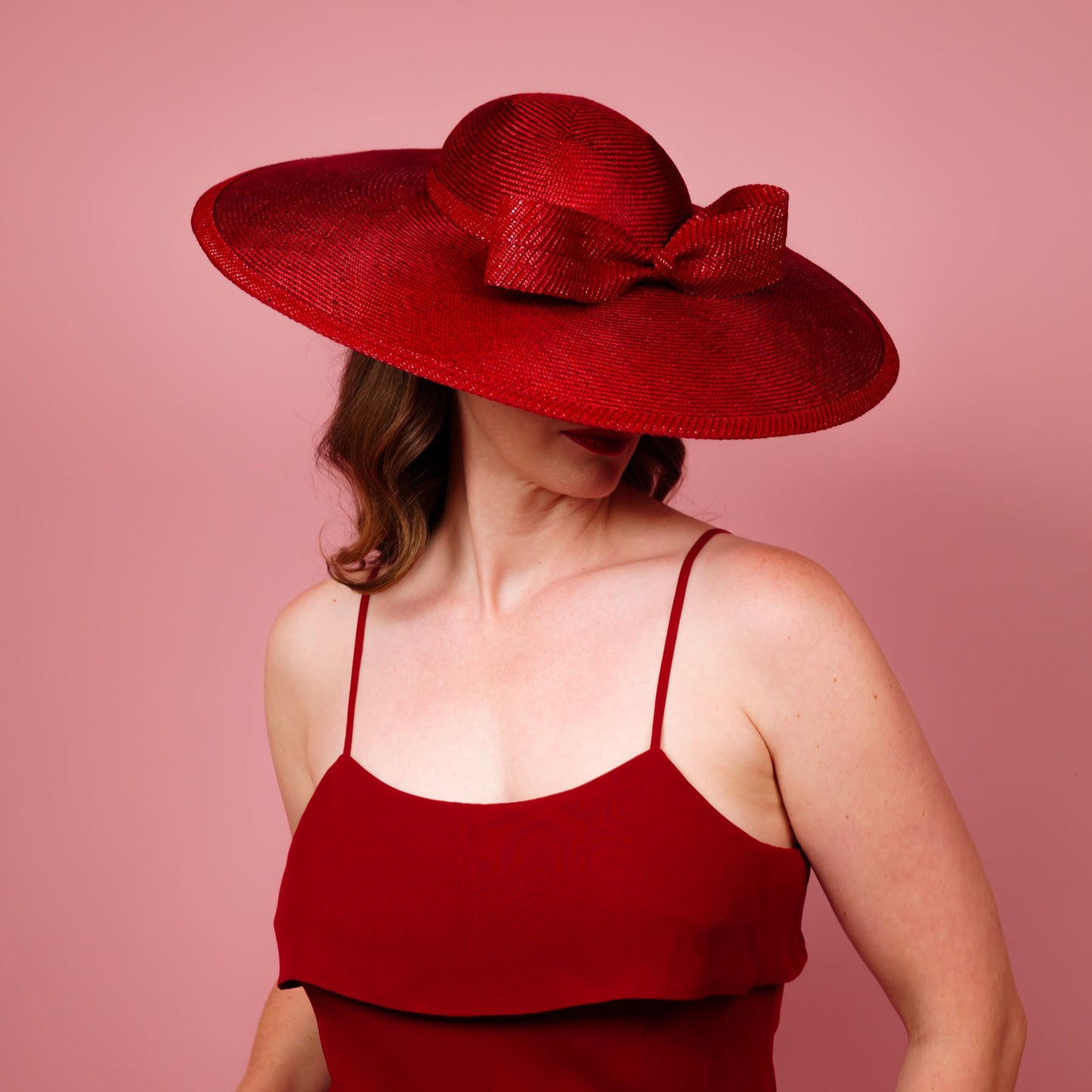 Moloney Downturned Dior Brim Hat with Round Crown with patent bow and edge in red