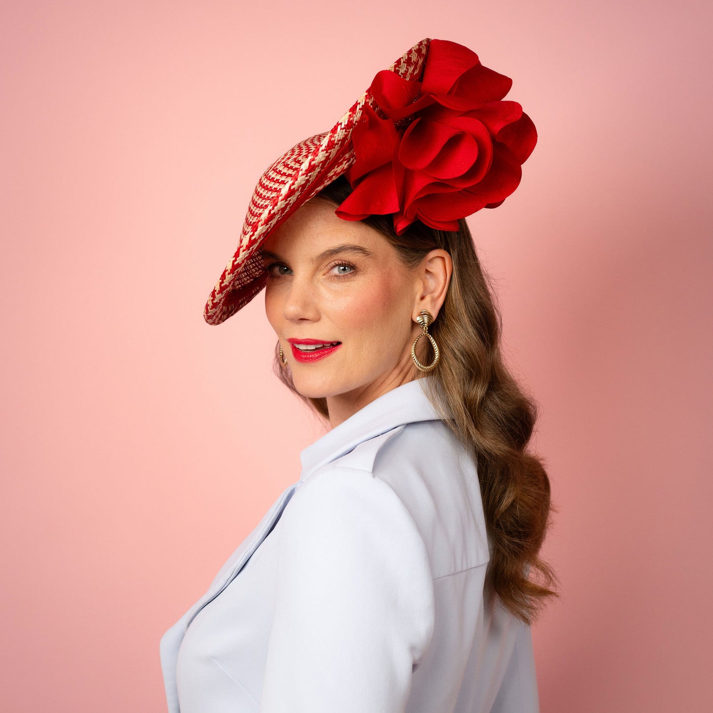 Monique Saucer in Textured Straw Silk Poppy Flower Trim in Red and White Spring Racewear Headpiece