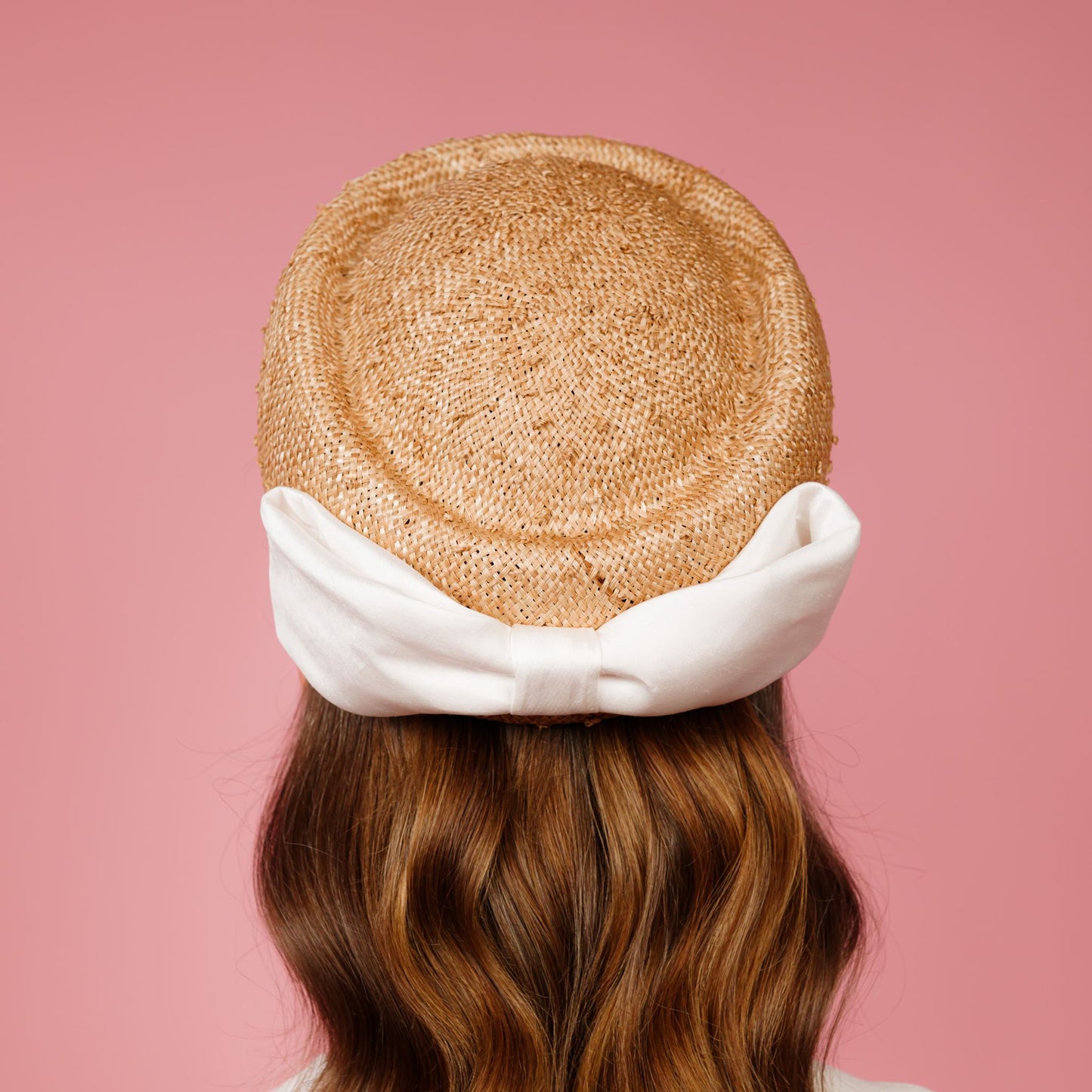 Taylor Pillbox in natural knotted straw with white silk bow