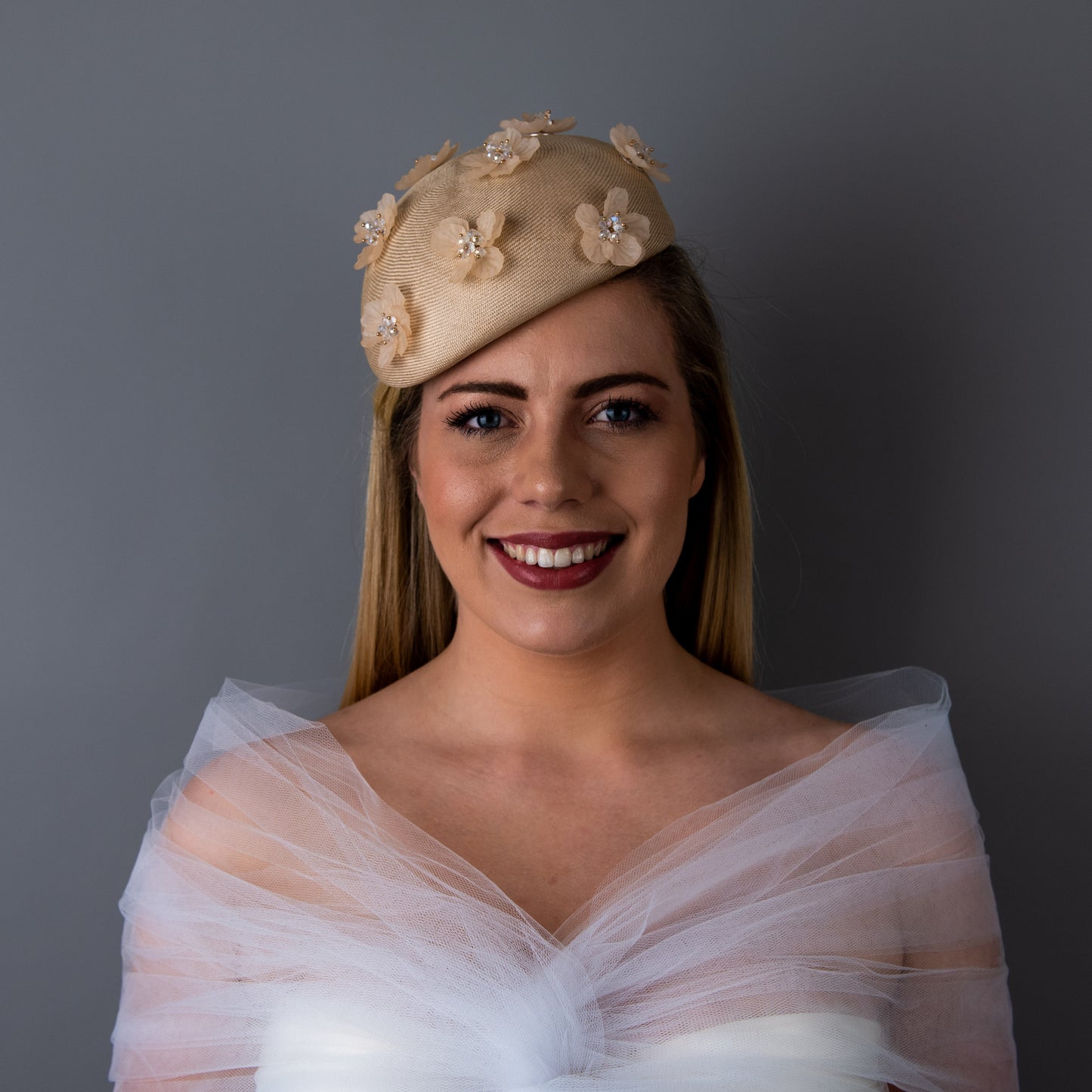 Always and Forever gold beret with floral beaded trim