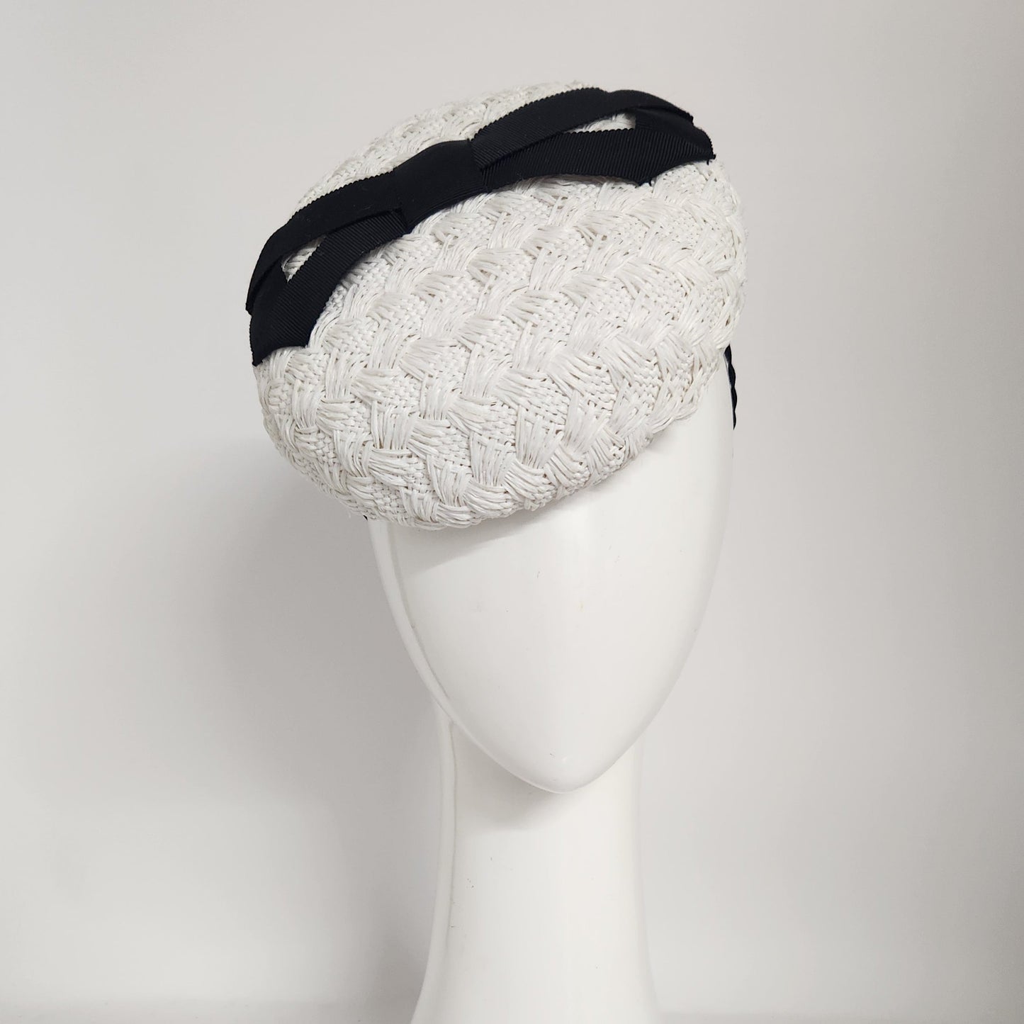 Eva Beret in white straw cloth with black infinity bow Spring Racing Headpiece
