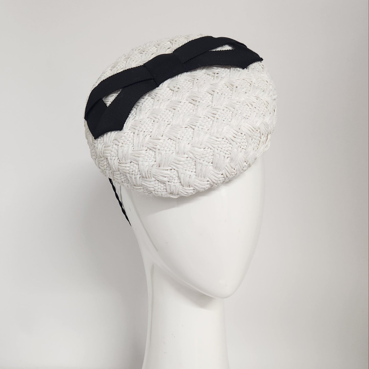 Eva Beret in white straw cloth with black infinity bow Spring Racing Headpiece