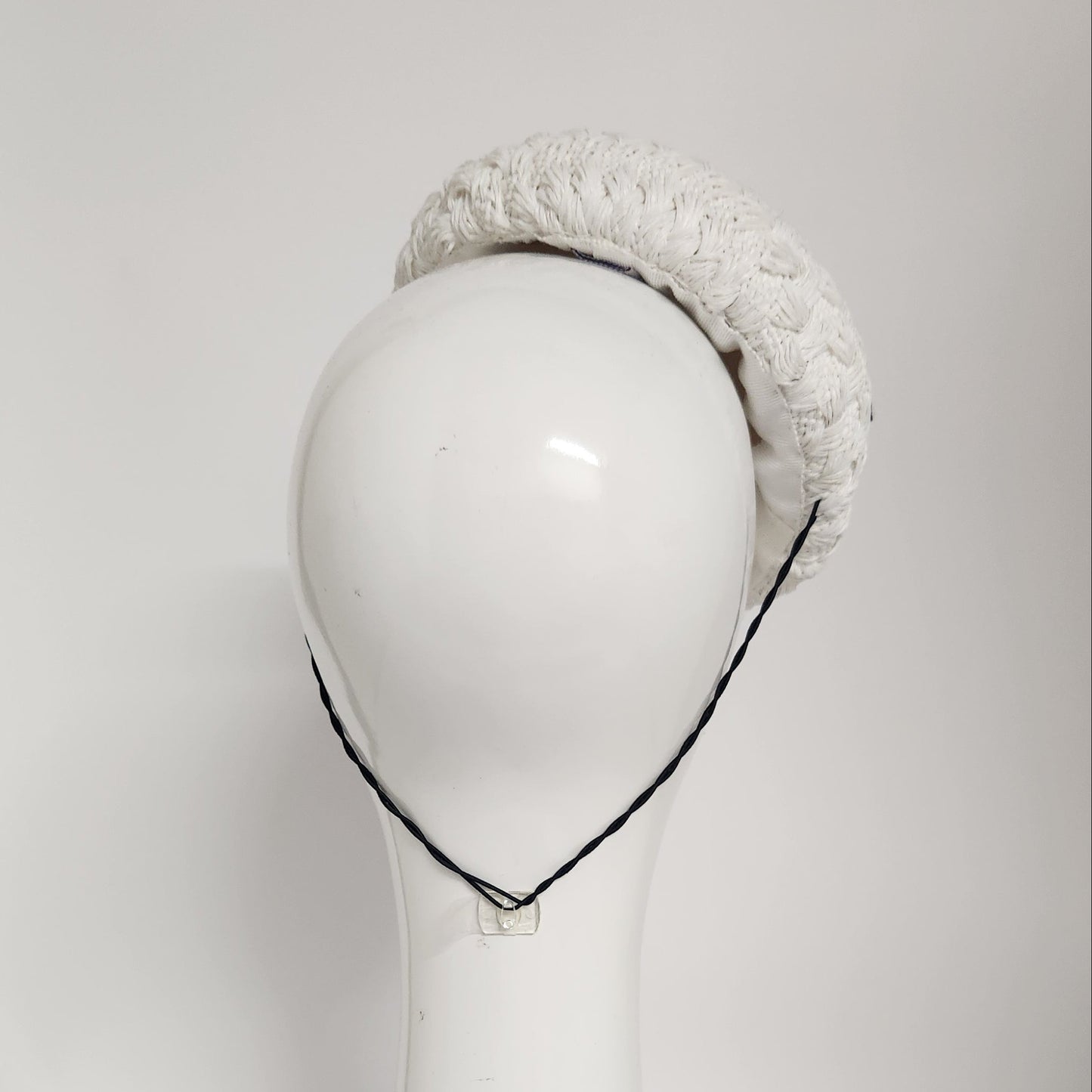 Eva Beret in white straw cloth with black infinity bow Spring Racing Headpiece