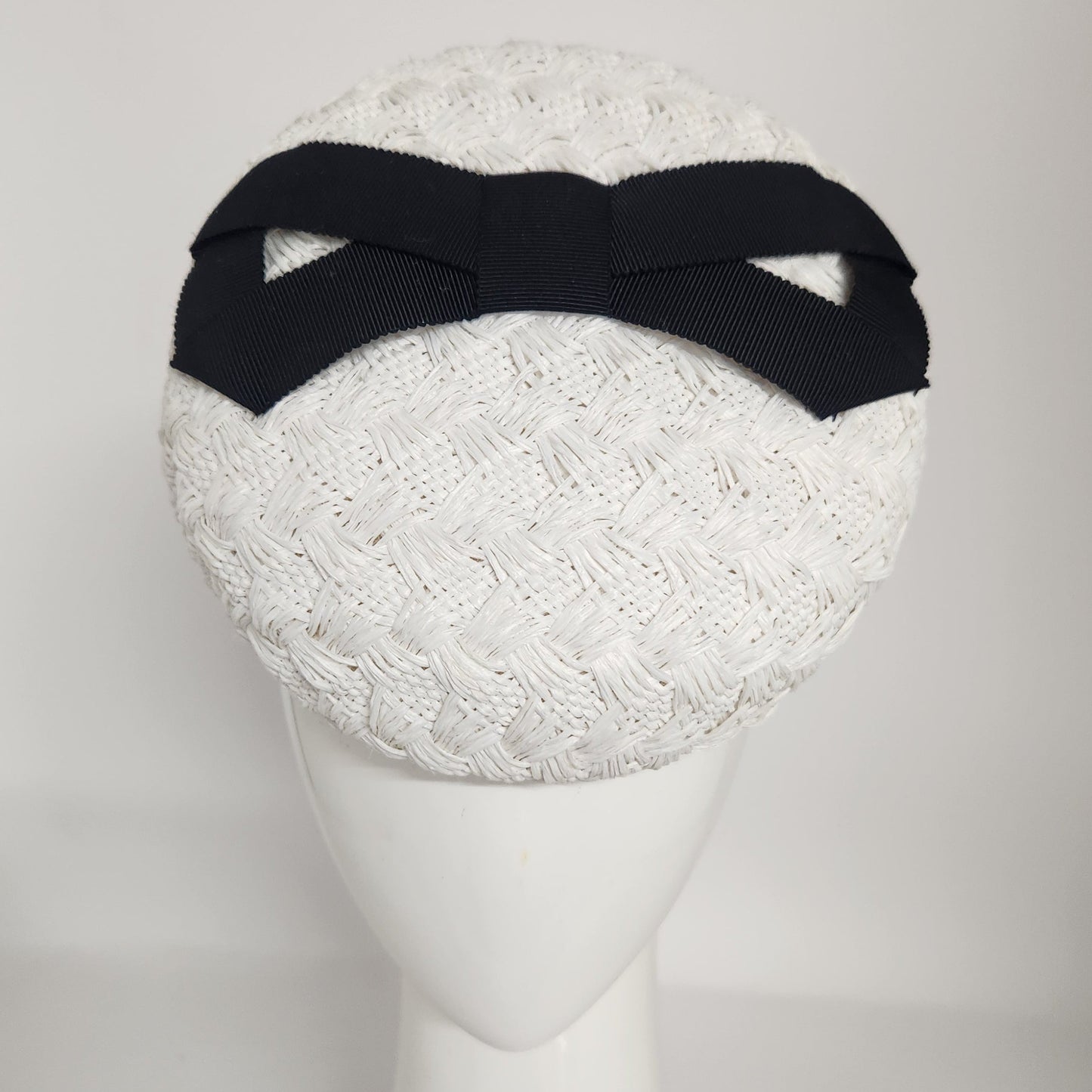 Eva Beret in white straw cloth with black infinity bow Spring Racing Headpiece