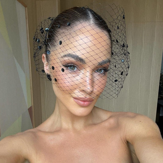Valerie full face veil headpiece in black with sequins