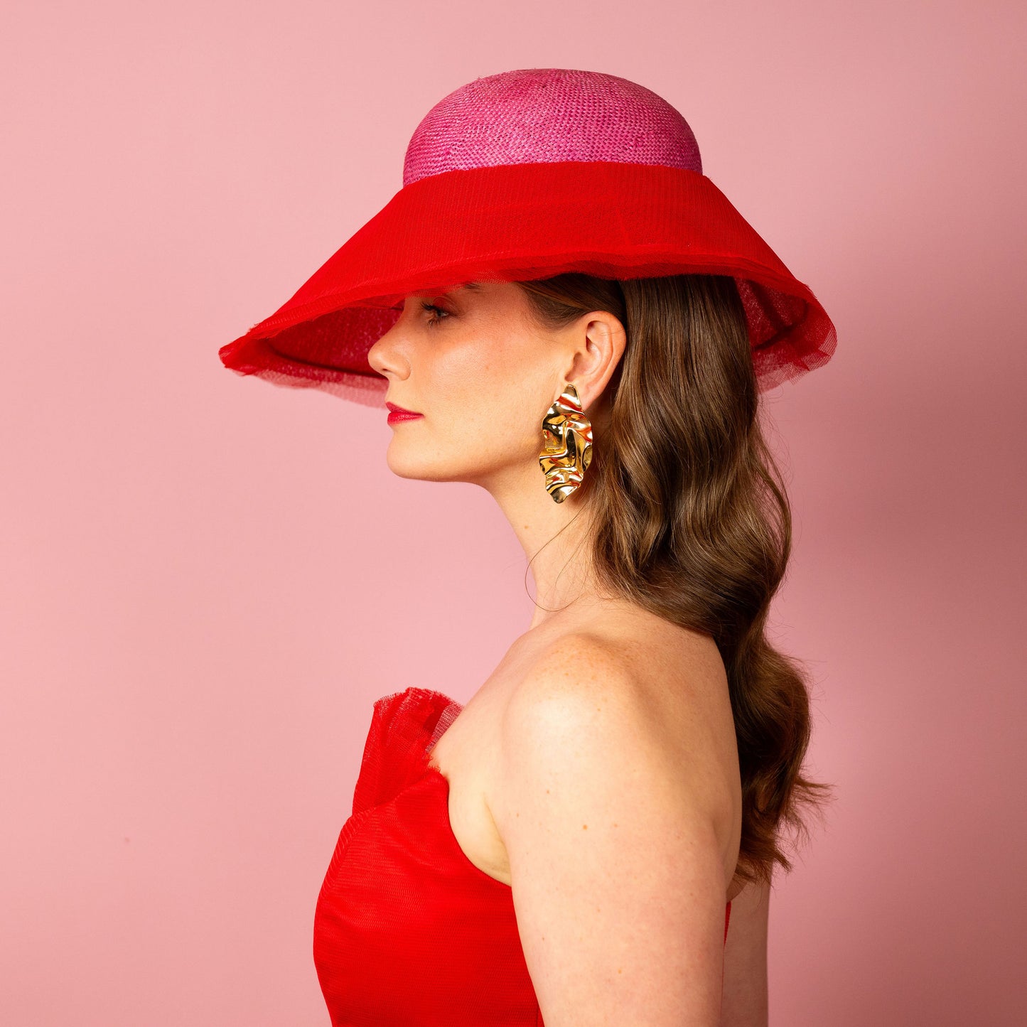 Adeline rounded straw crown with layered tulle asymmetrical brim Spring Racing Hat