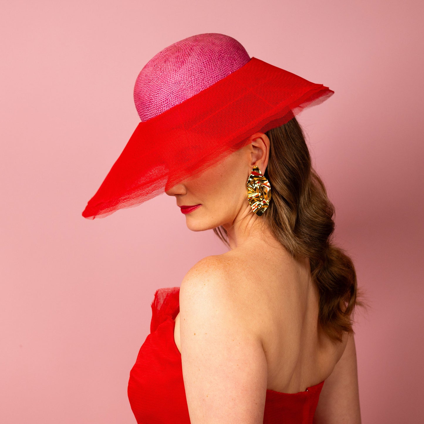 Adeline rounded straw crown with layered tulle asymmetrical brim Spring Racing Hat