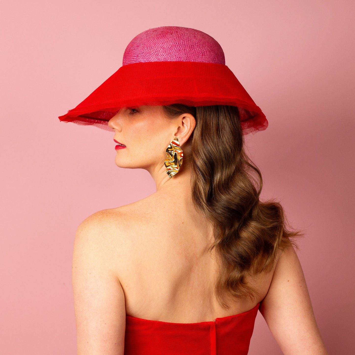 Adeline rounded straw crown with layered tulle asymmetrical brim Spring Racing Hat