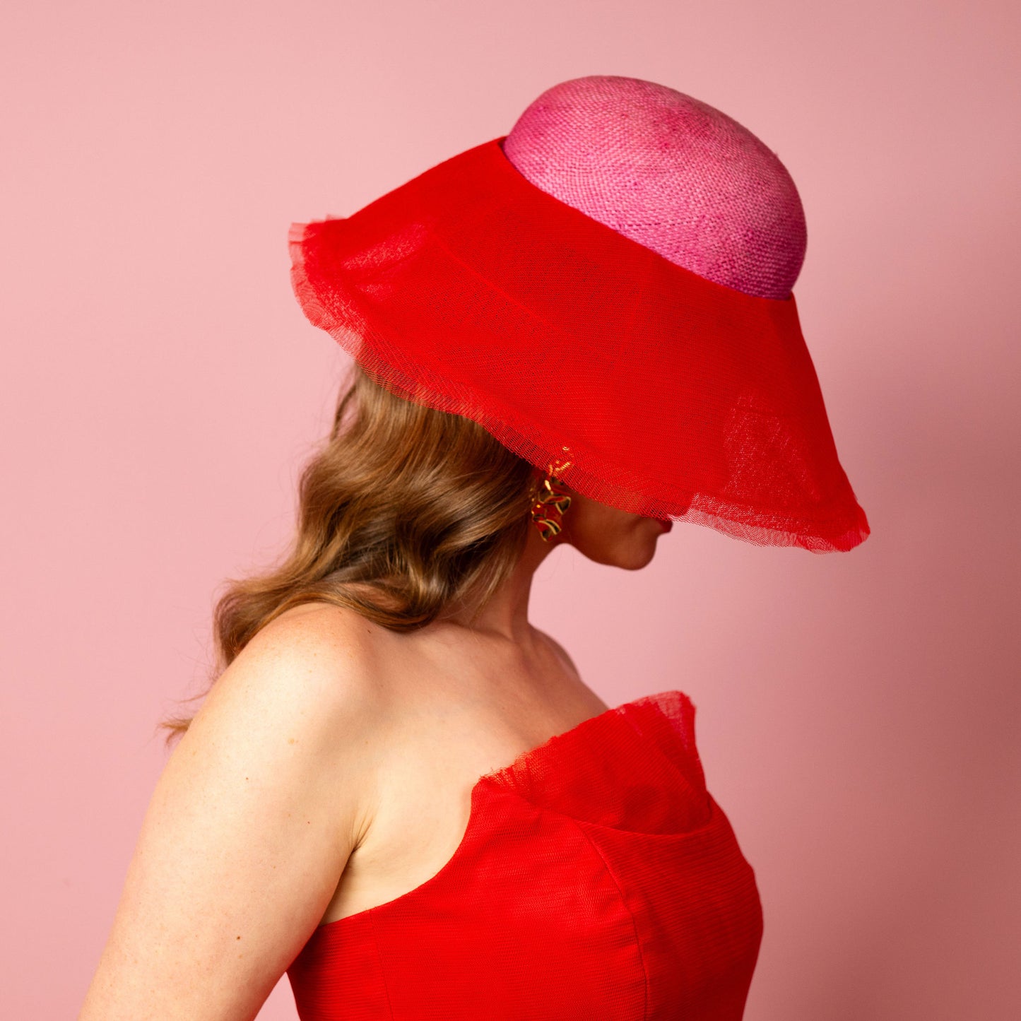 Adeline rounded straw crown with layered tulle asymmetrical brim Spring Racing Hat