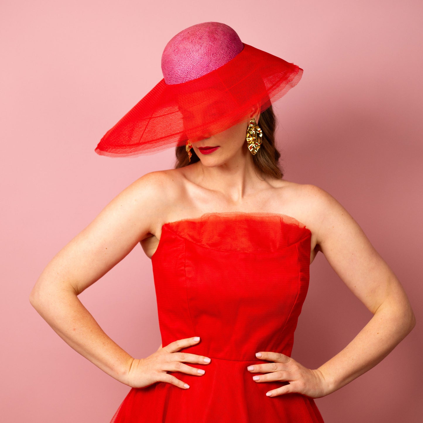 Adeline rounded straw crown with layered tulle asymmetrical brim Spring Racing Hat