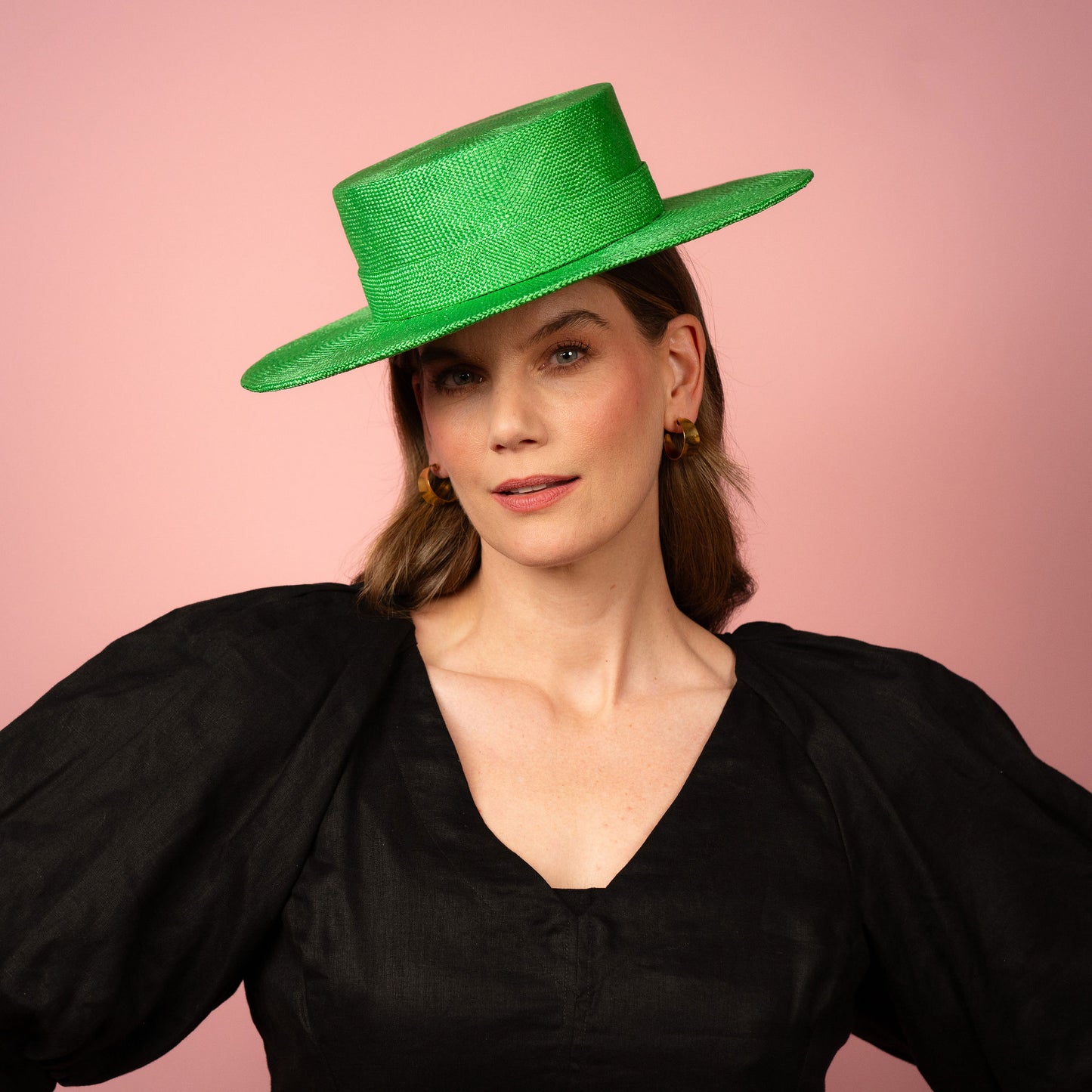 Alexia Boater with square crown and flat brim in green straw Spring Racing Hat