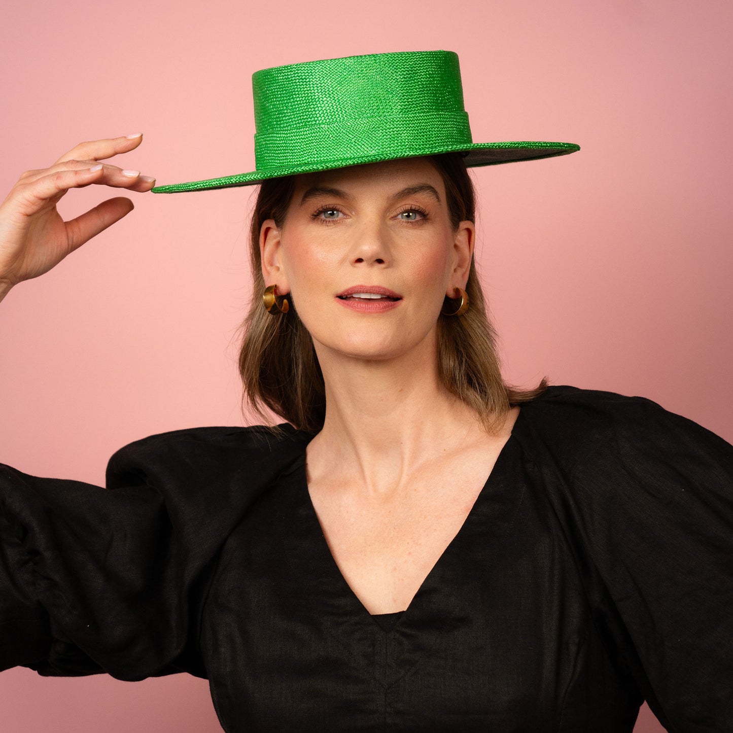 Alexia Boater with square crown and flat brim in green straw Spring Racing Hat