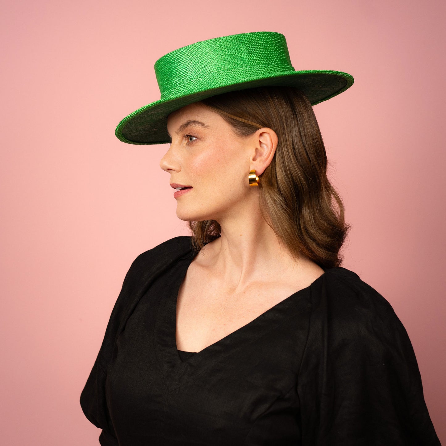 Alexia Boater with square crown and flat brim in green straw Spring Racing Hat