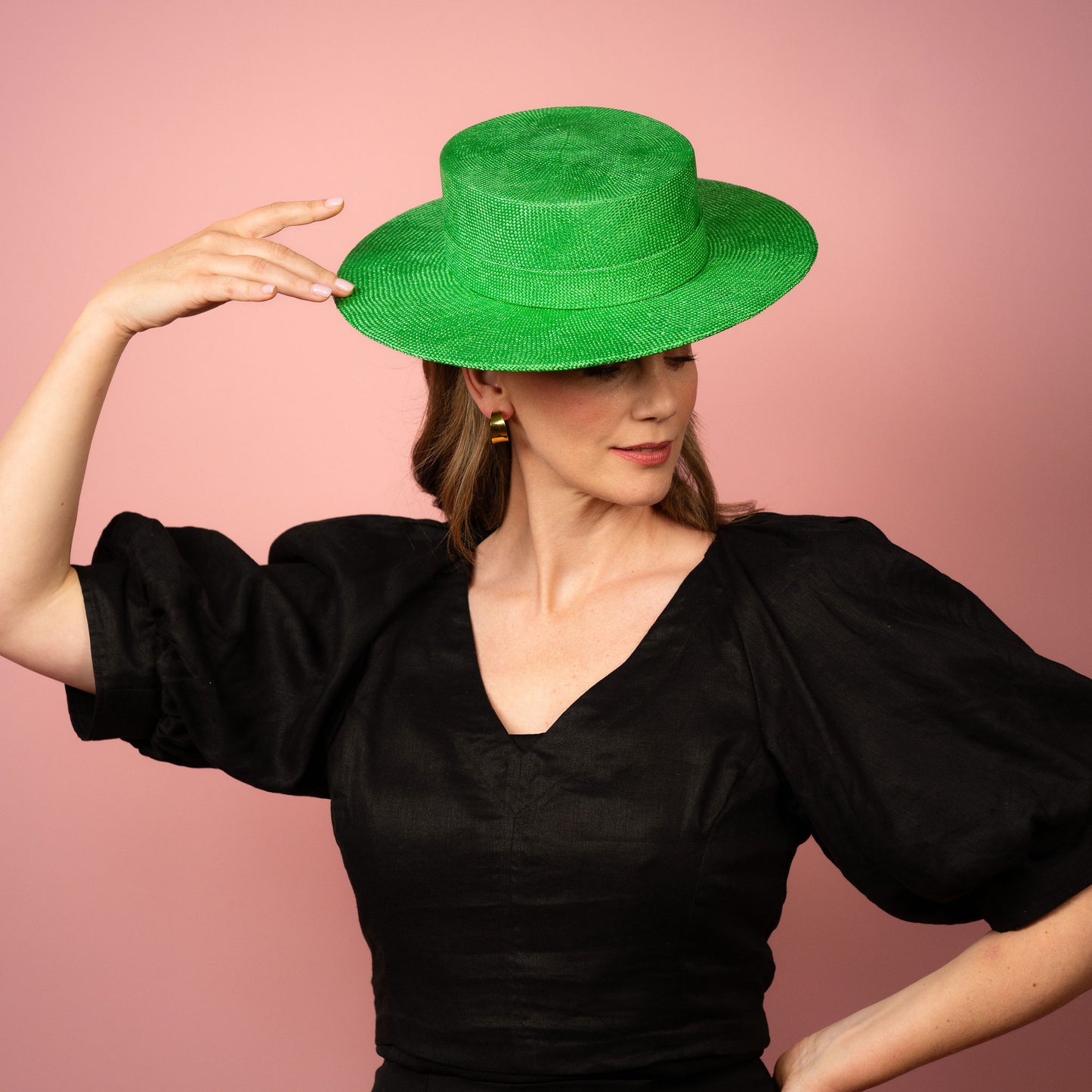 Alexia Boater with square crown and flat brim in green straw Spring Racing Hat