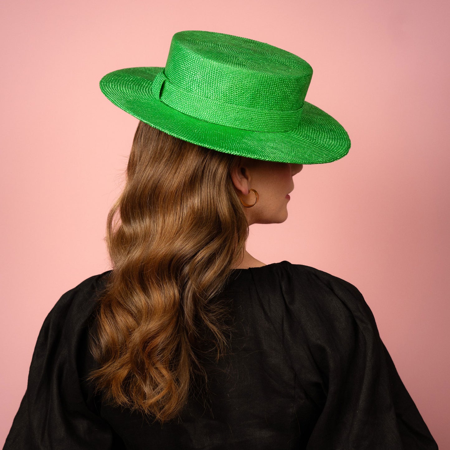 Alexia Boater with square crown and flat brim in green straw Spring Racing Hat