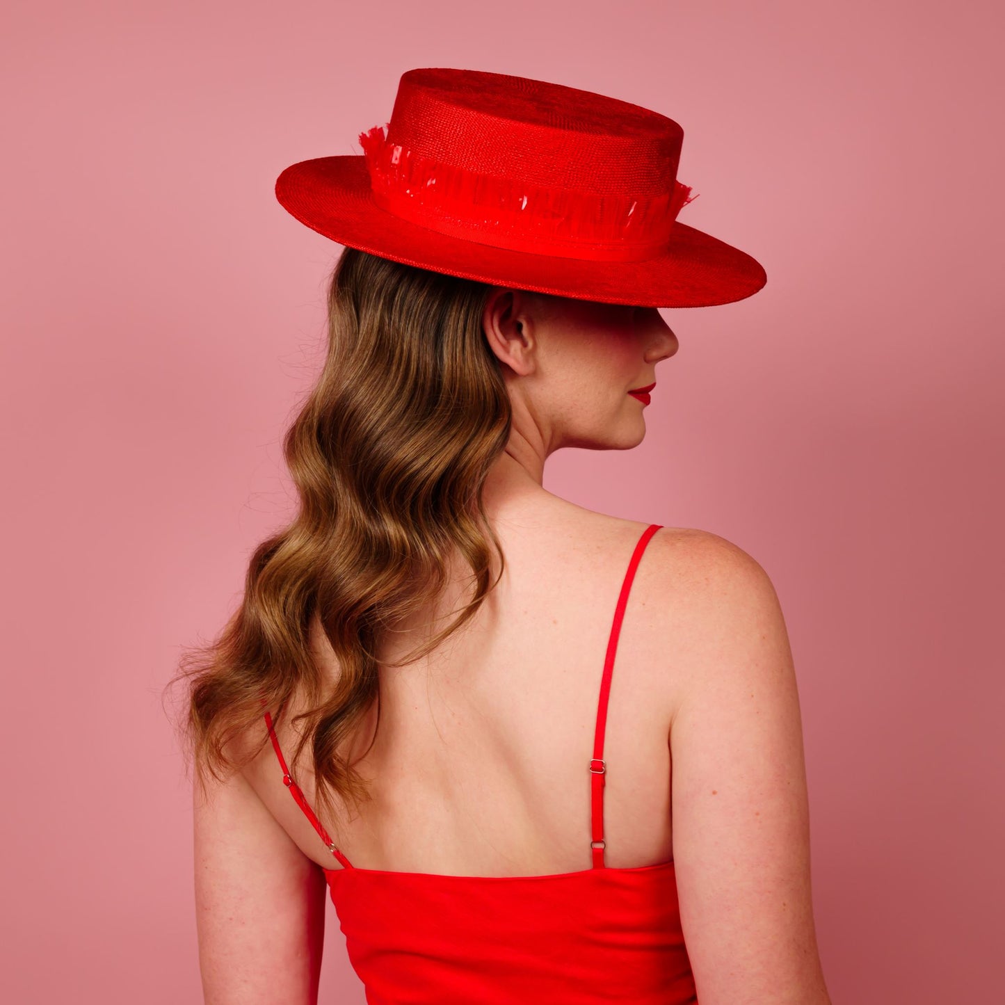 Alexis Boater in Red straw with fringe band