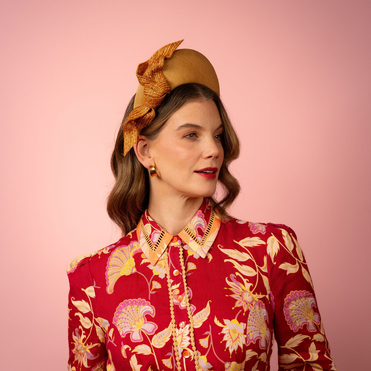 Amelia straw halo with knotted trim in gold Spring Racing Headpiece