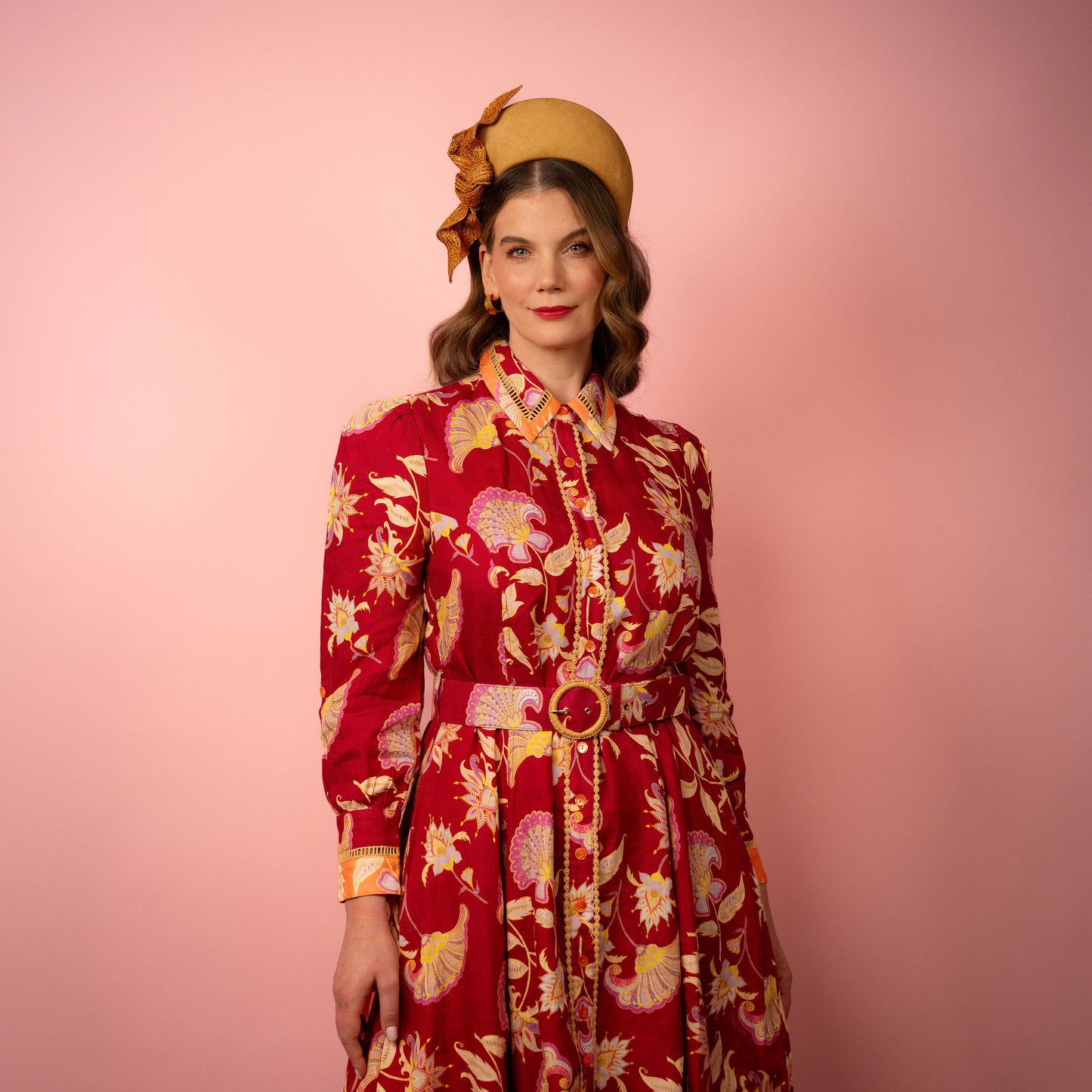 Amelia straw halo with knotted trim in gold Spring Racing Headpiece