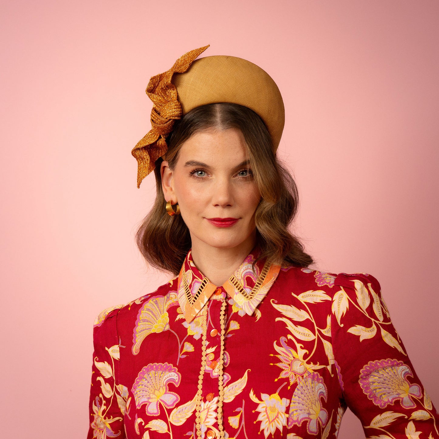 Amelia straw halo with knotted trim in gold Spring Racing Headpiece