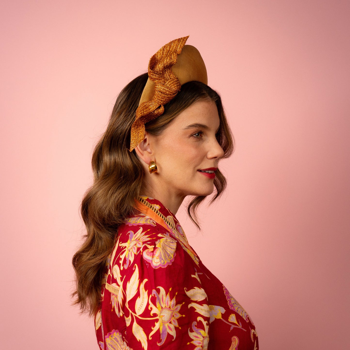 Amelia straw halo with knotted trim in gold Spring Racing Headpiece