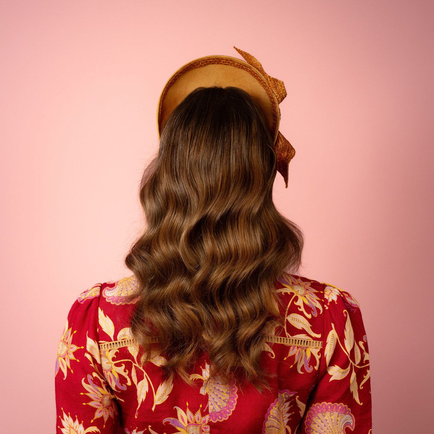 Amelia straw halo with knotted trim in gold Spring Racing Headpiece