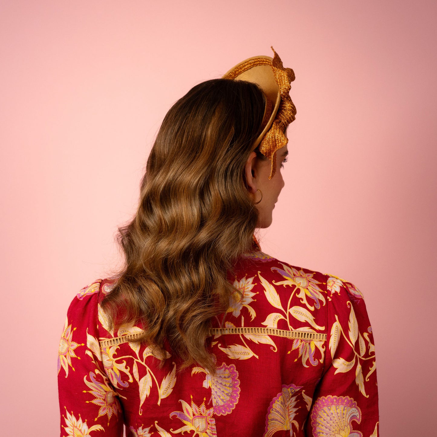 Amelia straw halo with knotted trim in gold Spring Racing Headpiece