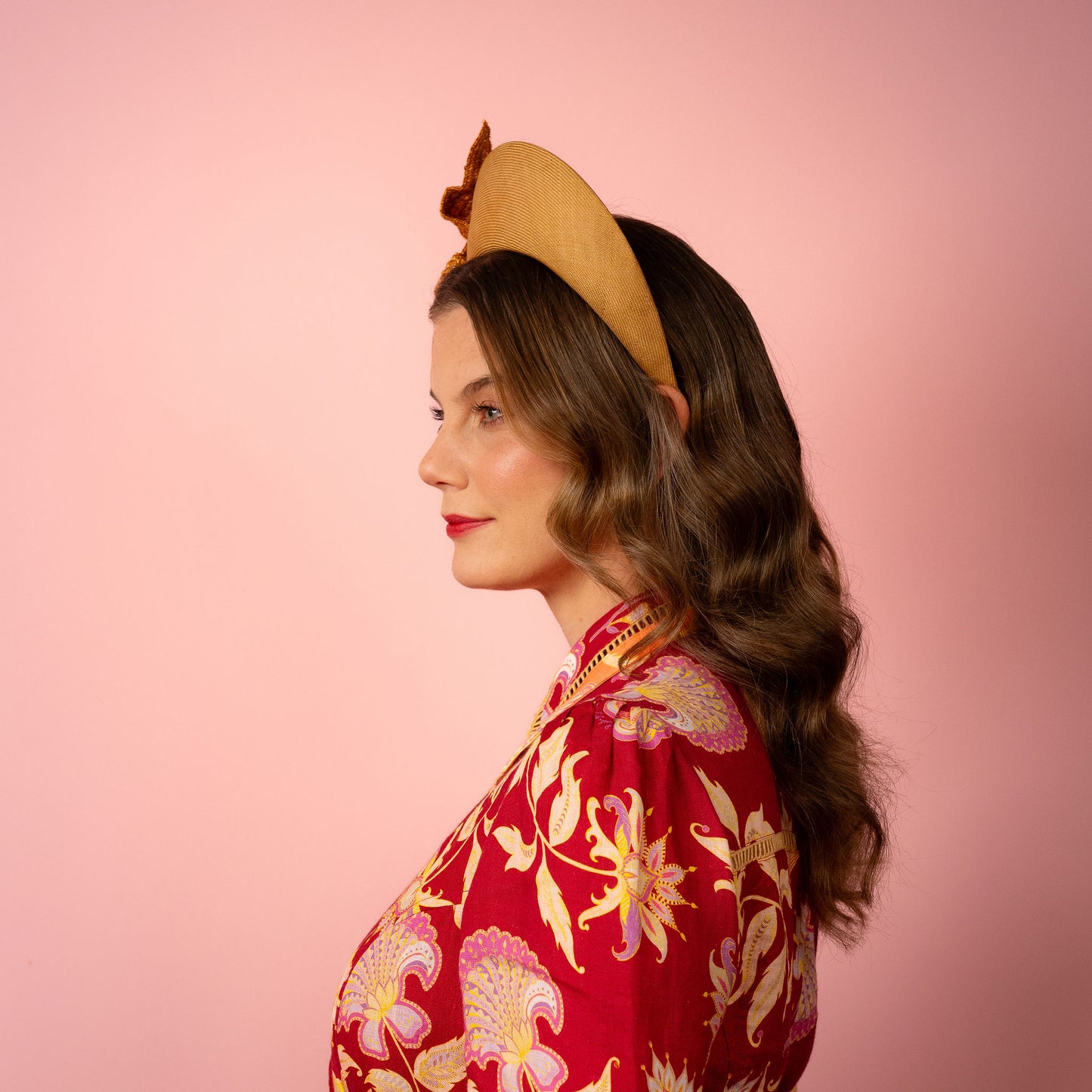 Amelia straw halo with knotted trim in gold Spring Racing Headpiece