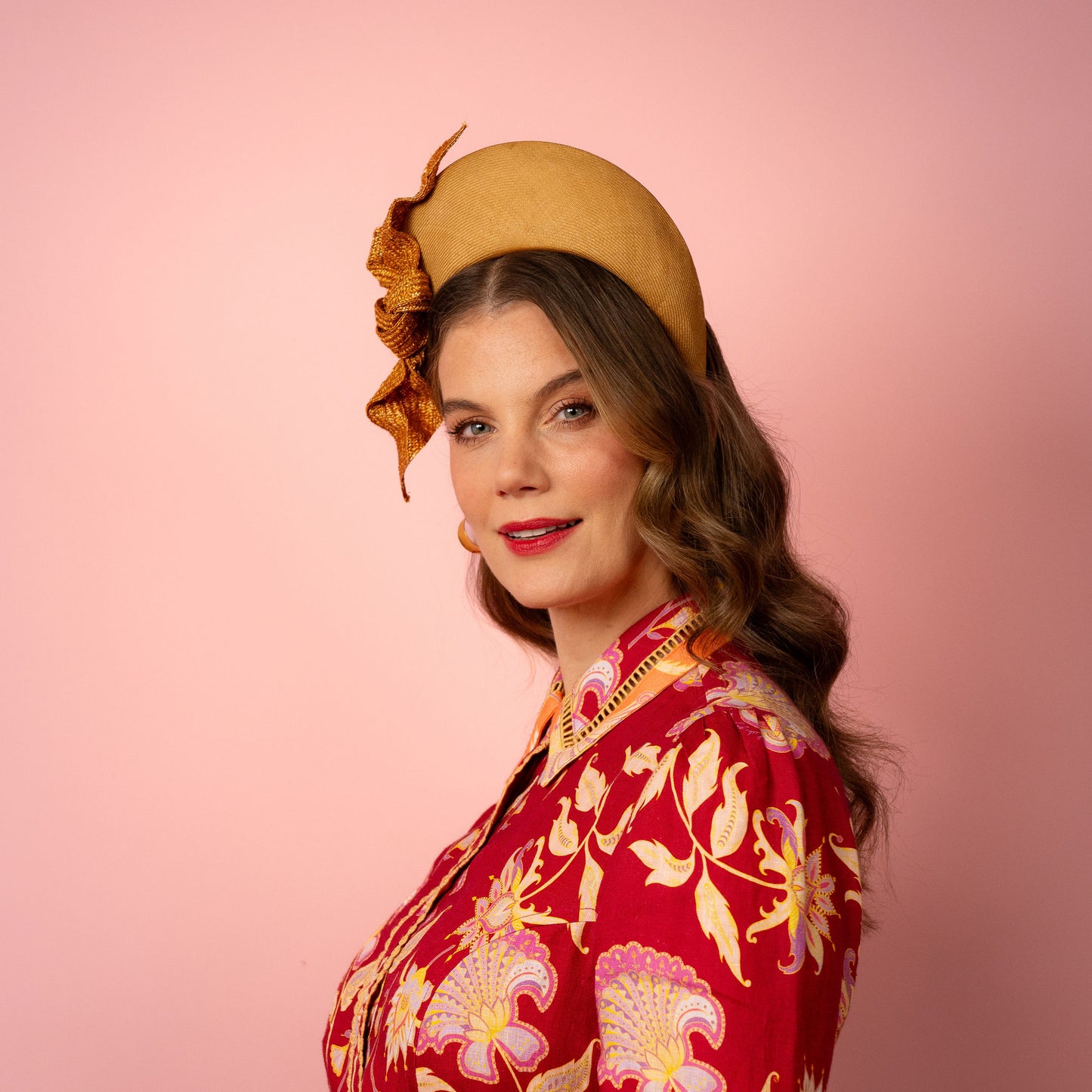 Amelia straw halo with knotted trim in gold Spring Racing Headpiece