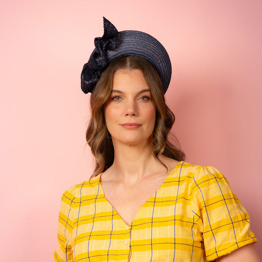 Amelia straw halo with knotted trim in navy Spring Racing Headpiece