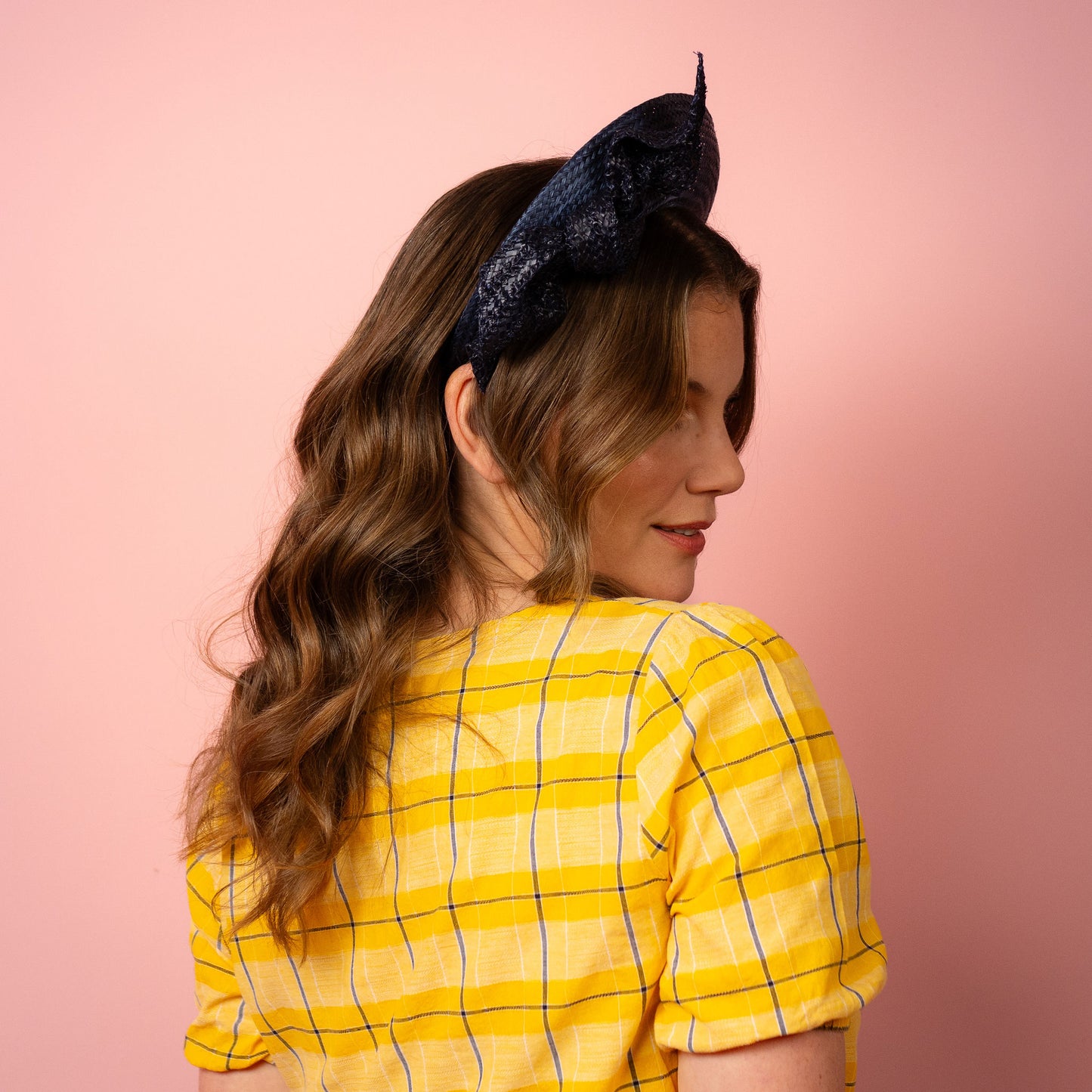 Amelia straw halo with knotted trim in navy Spring Racing Headpiece