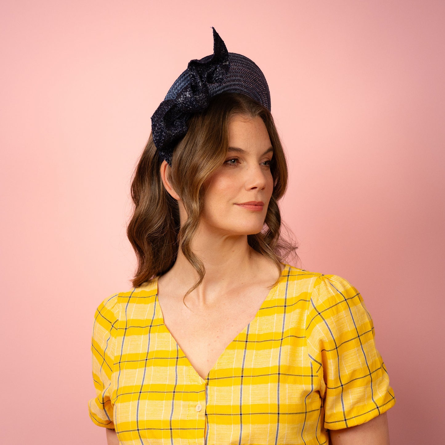 Amelia straw halo with knotted trim in navy Spring Racing Headpiece
