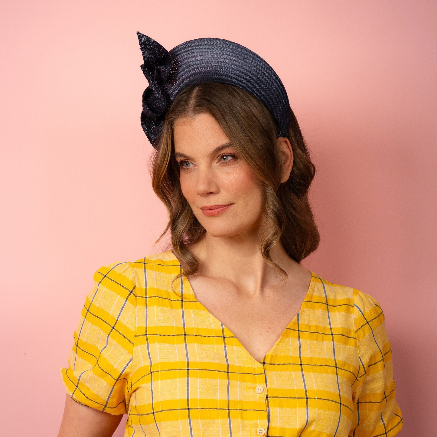 Amelia straw halo with knotted trim in navy Spring Racing Headpiece