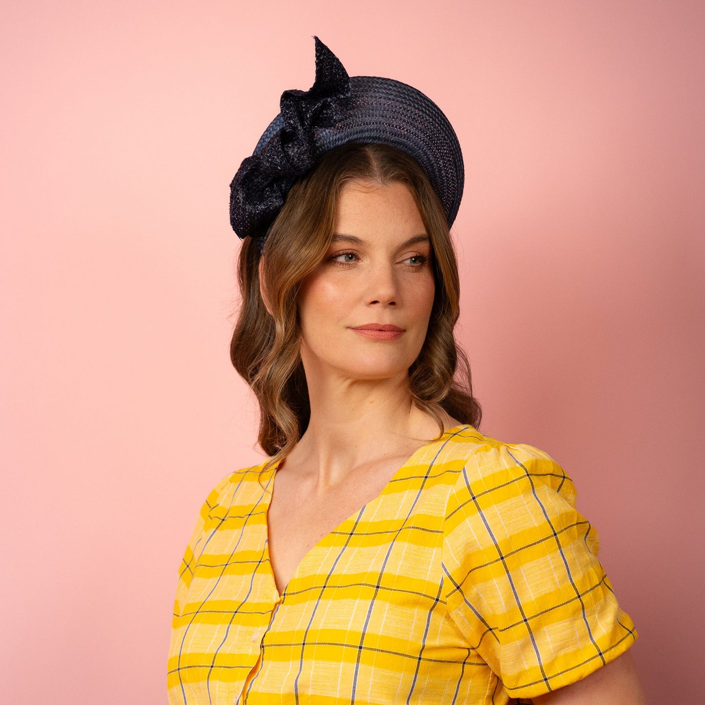 Amelia straw halo with knotted trim in navy Spring Racing Headpiece