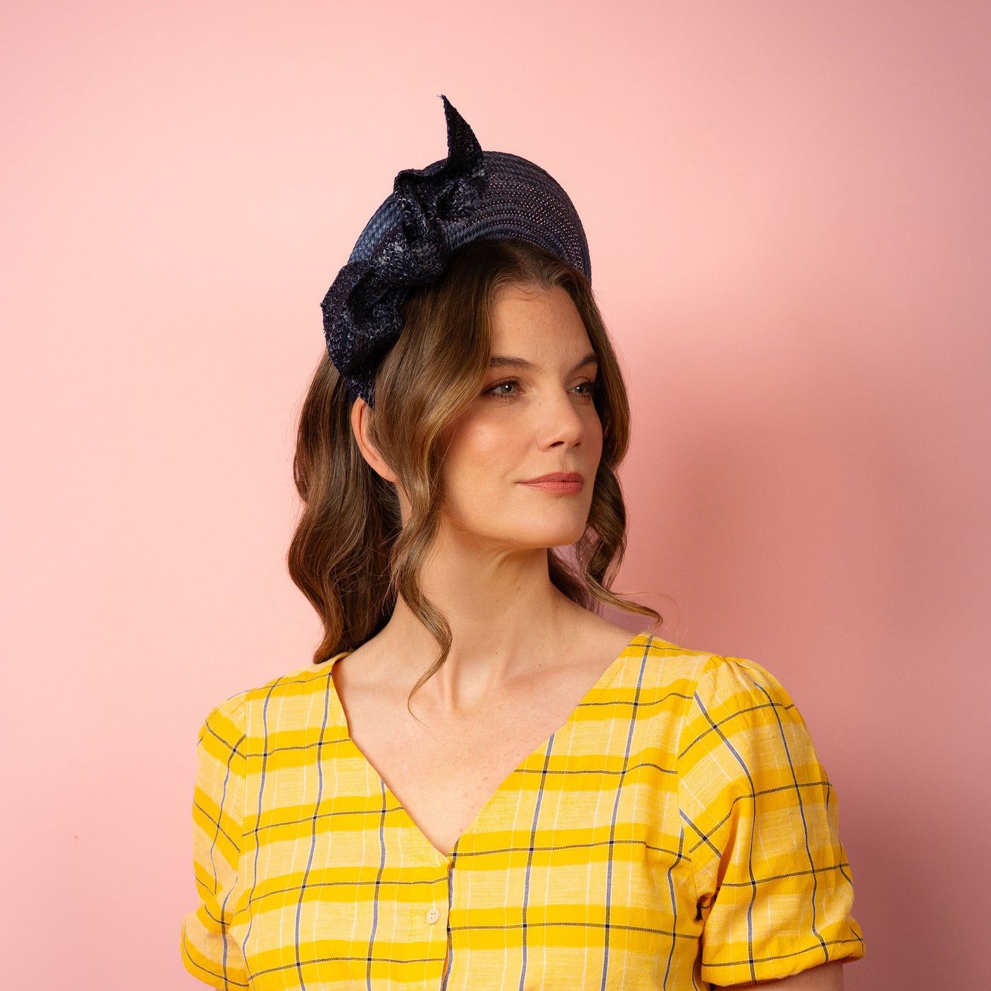 Amelia straw halo with knotted trim in navy Spring Racing Headpiece