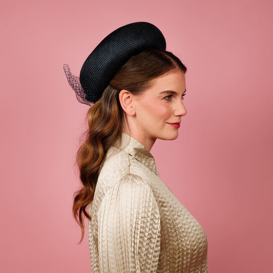 Aurellia ring pillbox in navy with veiling bow
