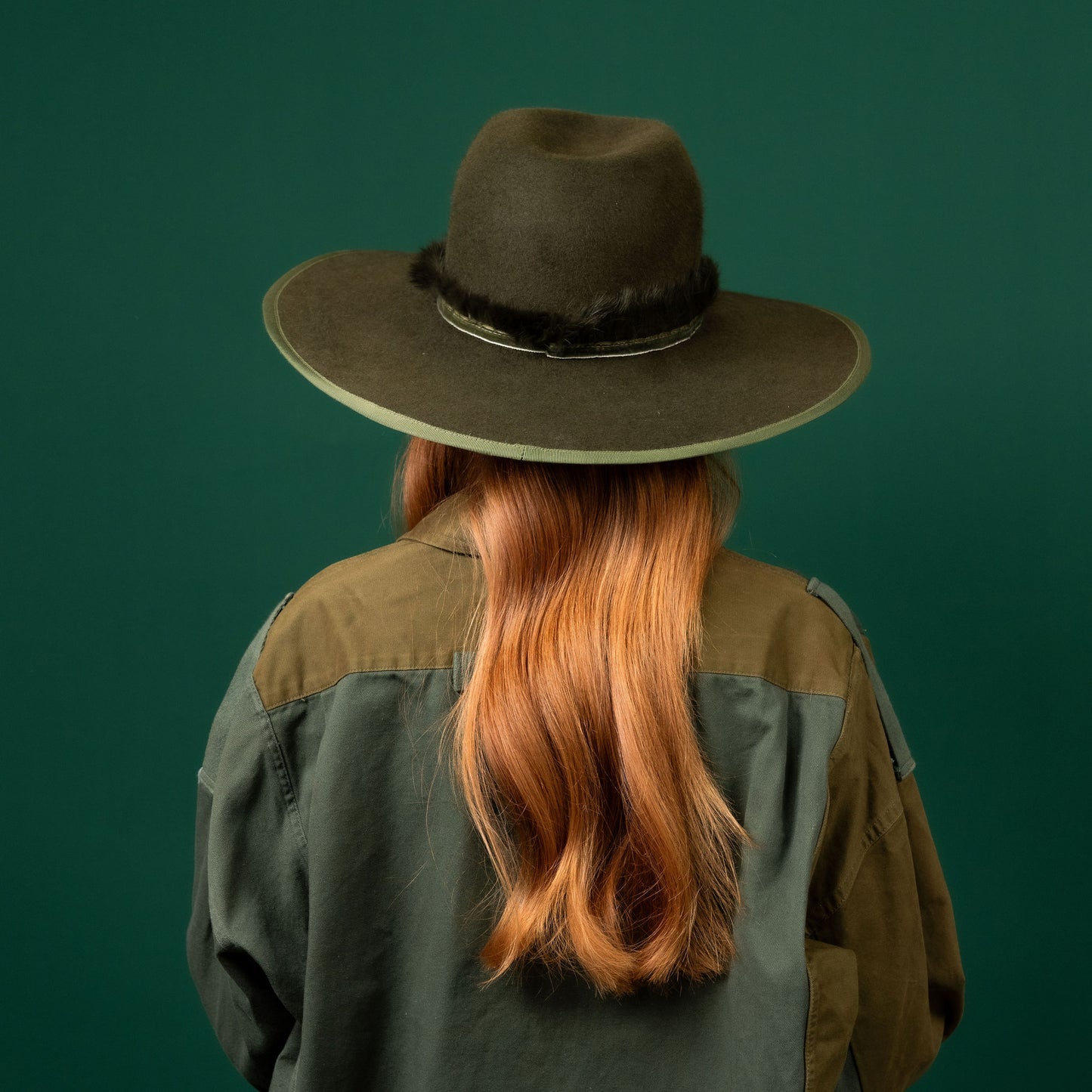 Bogong Green Felt Fedora Hat with fluffy velvet trim Winter Racewear Hat