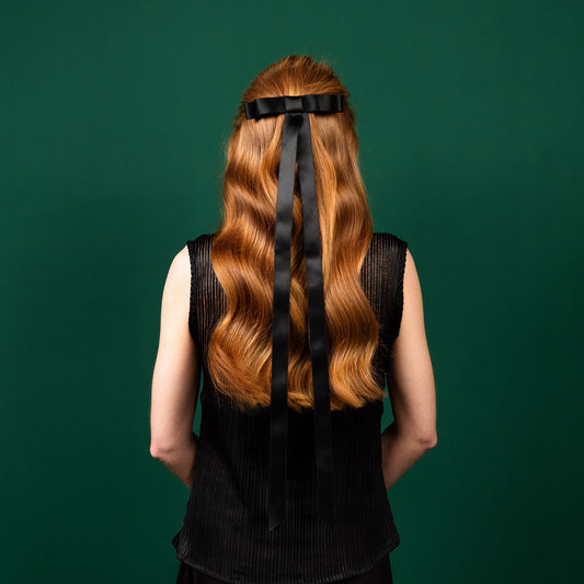 Double Loop Waist Length Satin Bow Luxury Barrette Hair Clip Black Satin