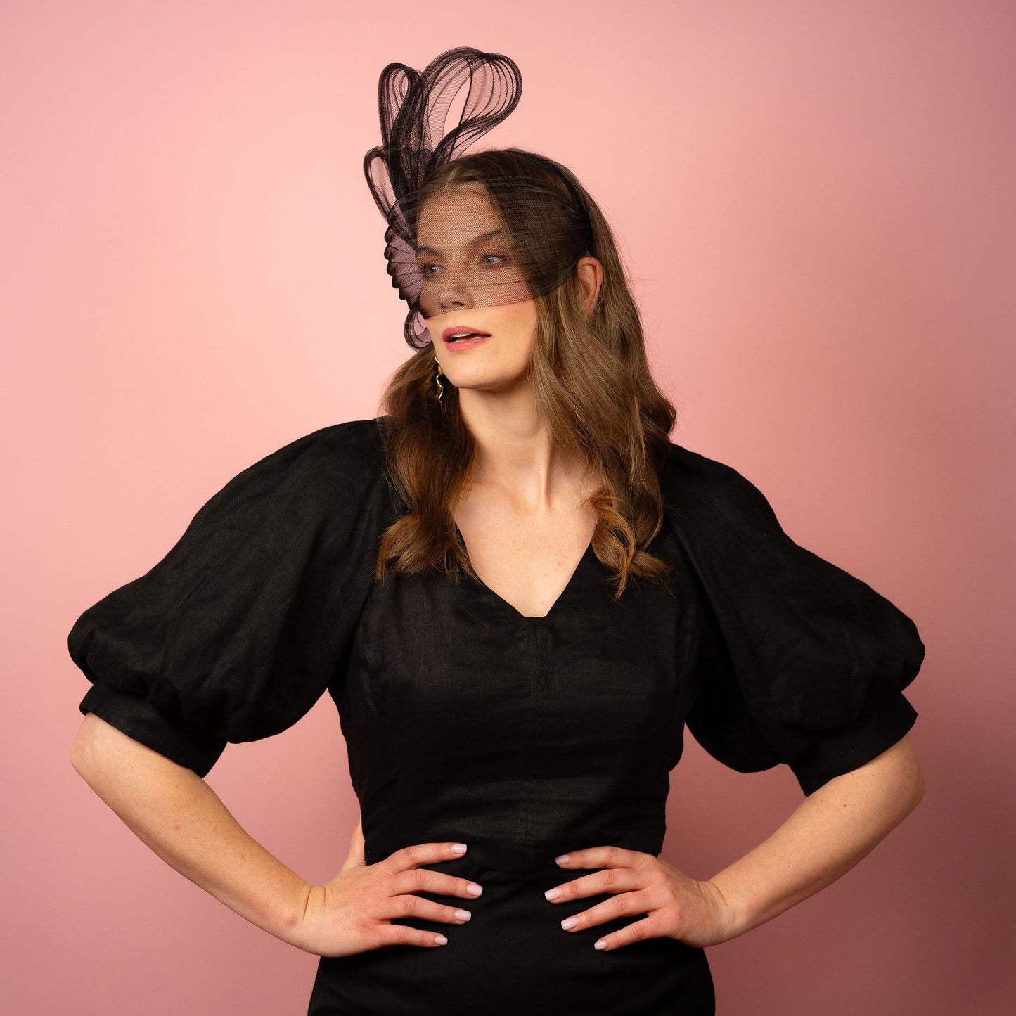 Claryssa pleated crinoline face bow with tiered bow Spring Racewear Headpiece