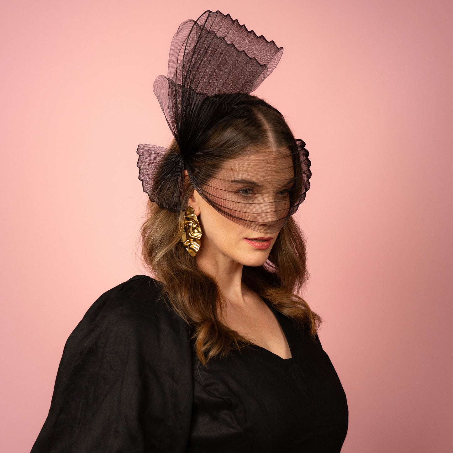 Claryssa pleated crinoline face bow with tiered bow Spring Racewear Headpiece