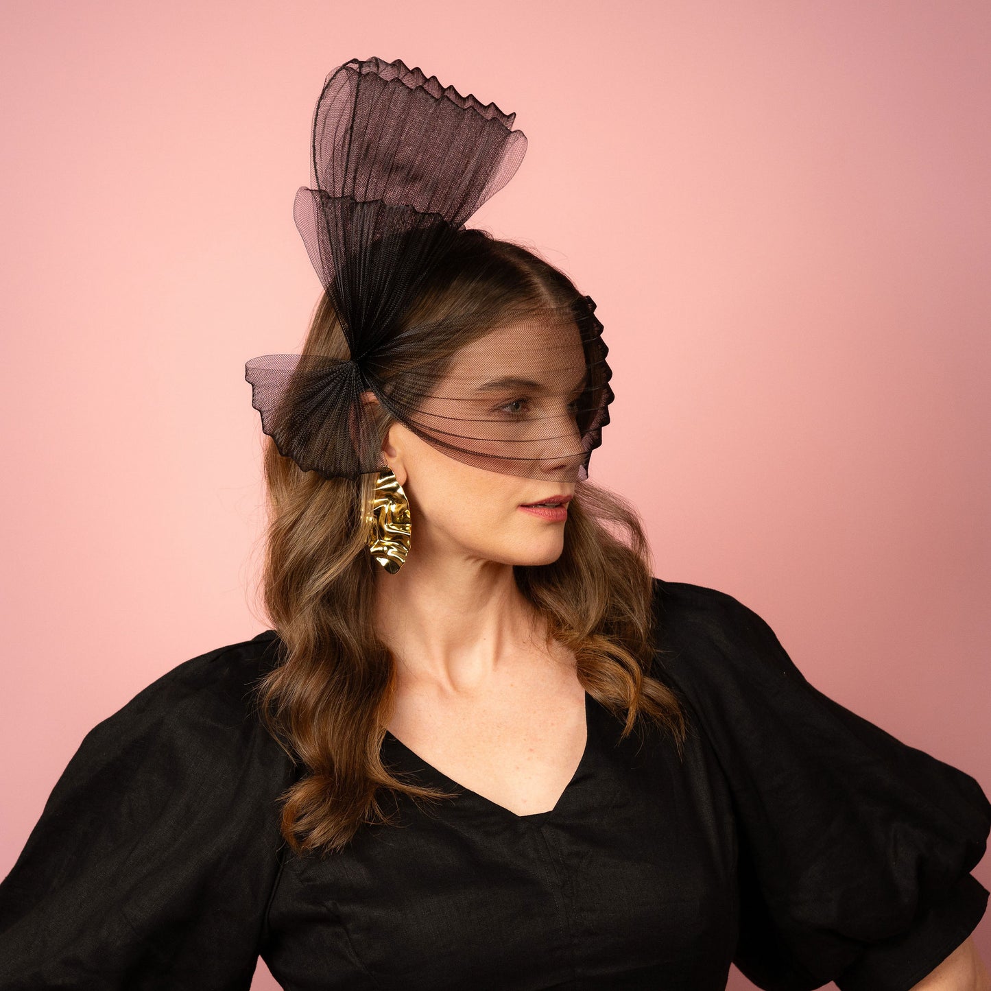 Claryssa pleated crinoline face bow with tiered bow Spring Racewear Headpiece