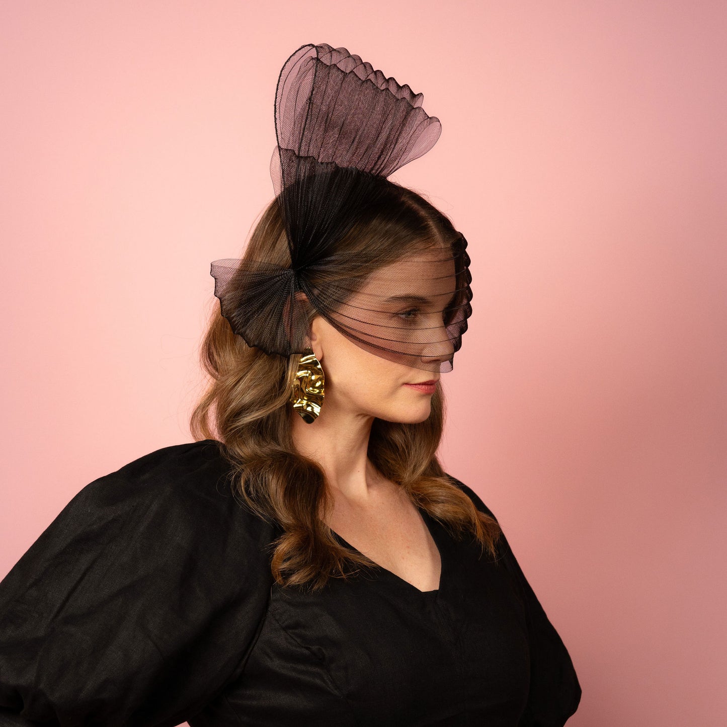 Claryssa pleated crinoline face bow with tiered bow Spring Racewear Headpiece