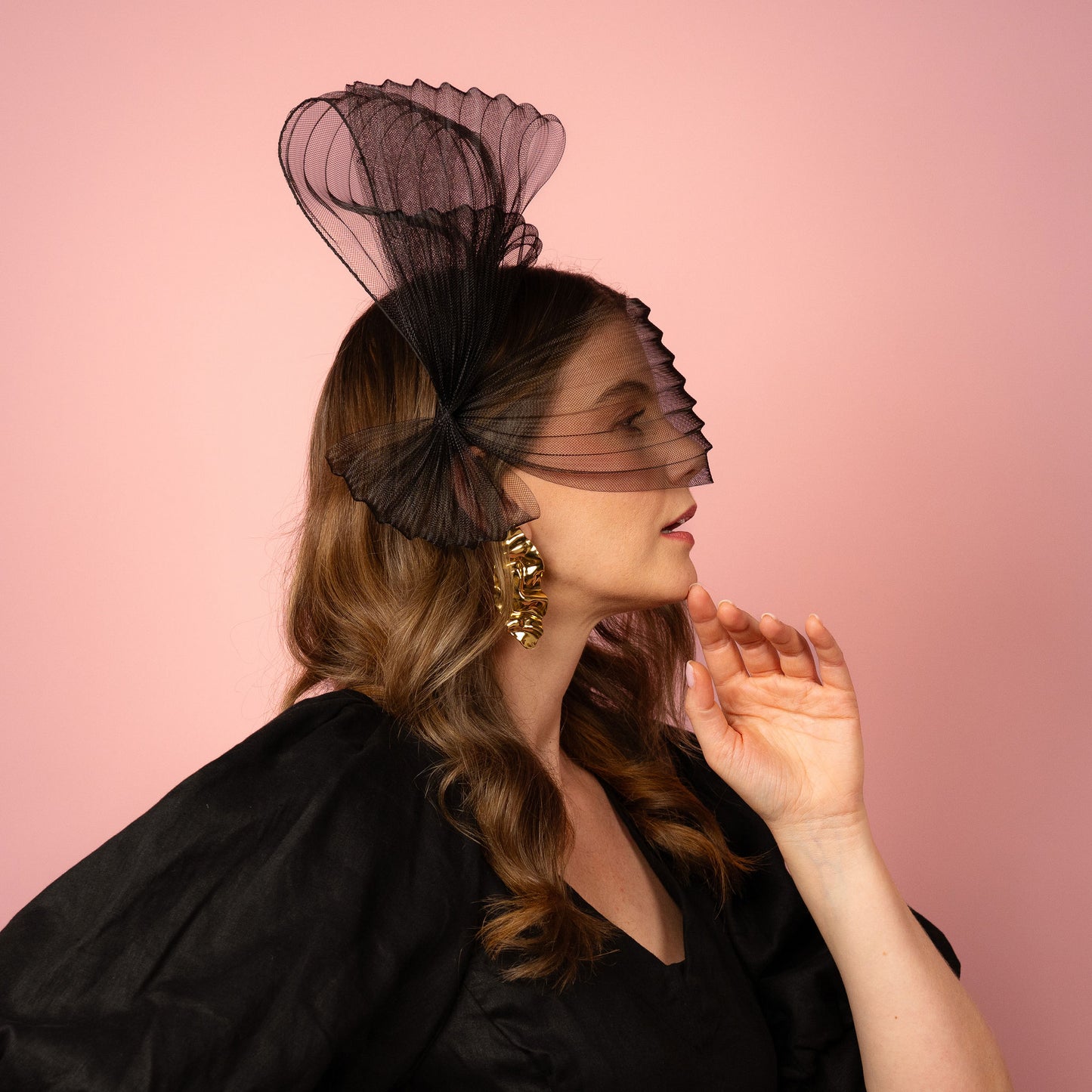 Claryssa pleated crinoline face bow with tiered bow Spring Racewear Headpiece