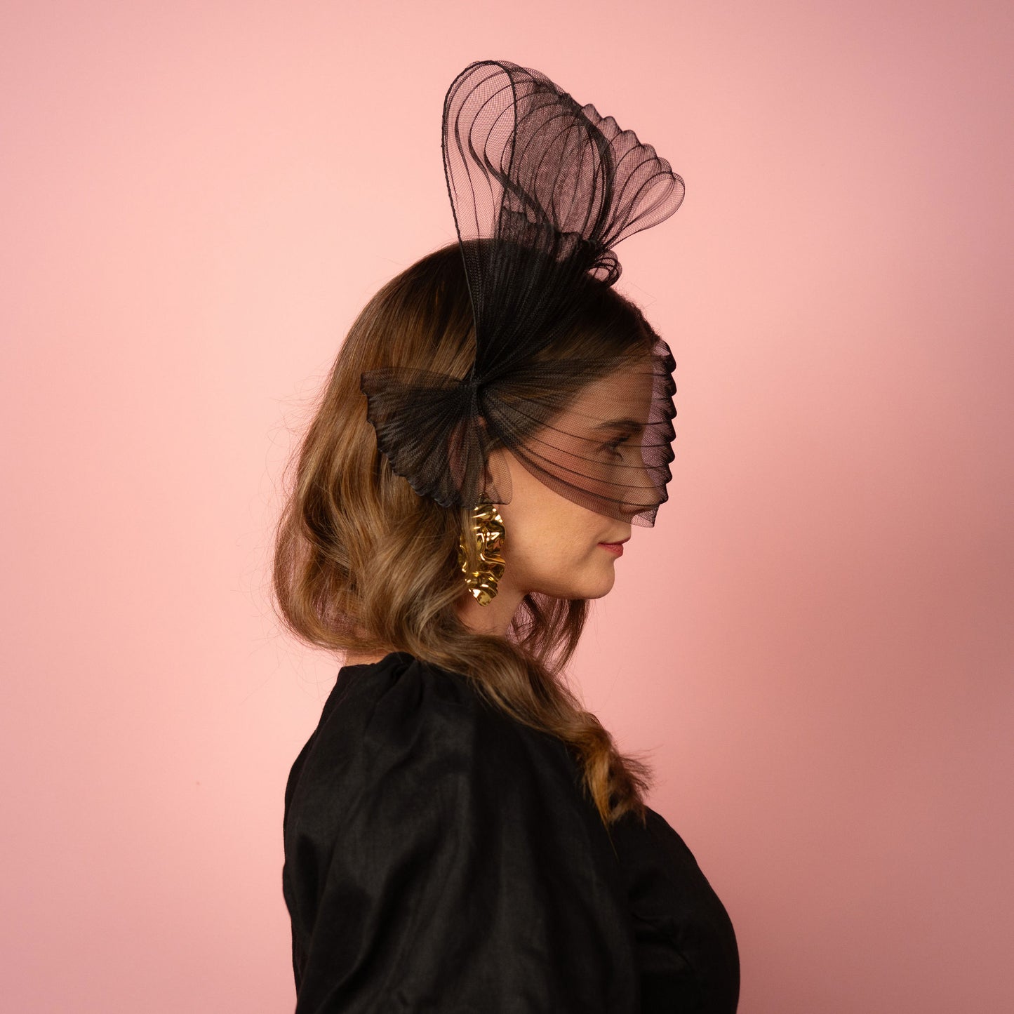 Claryssa pleated crinoline face bow with tiered bow Spring Racewear Headpiece