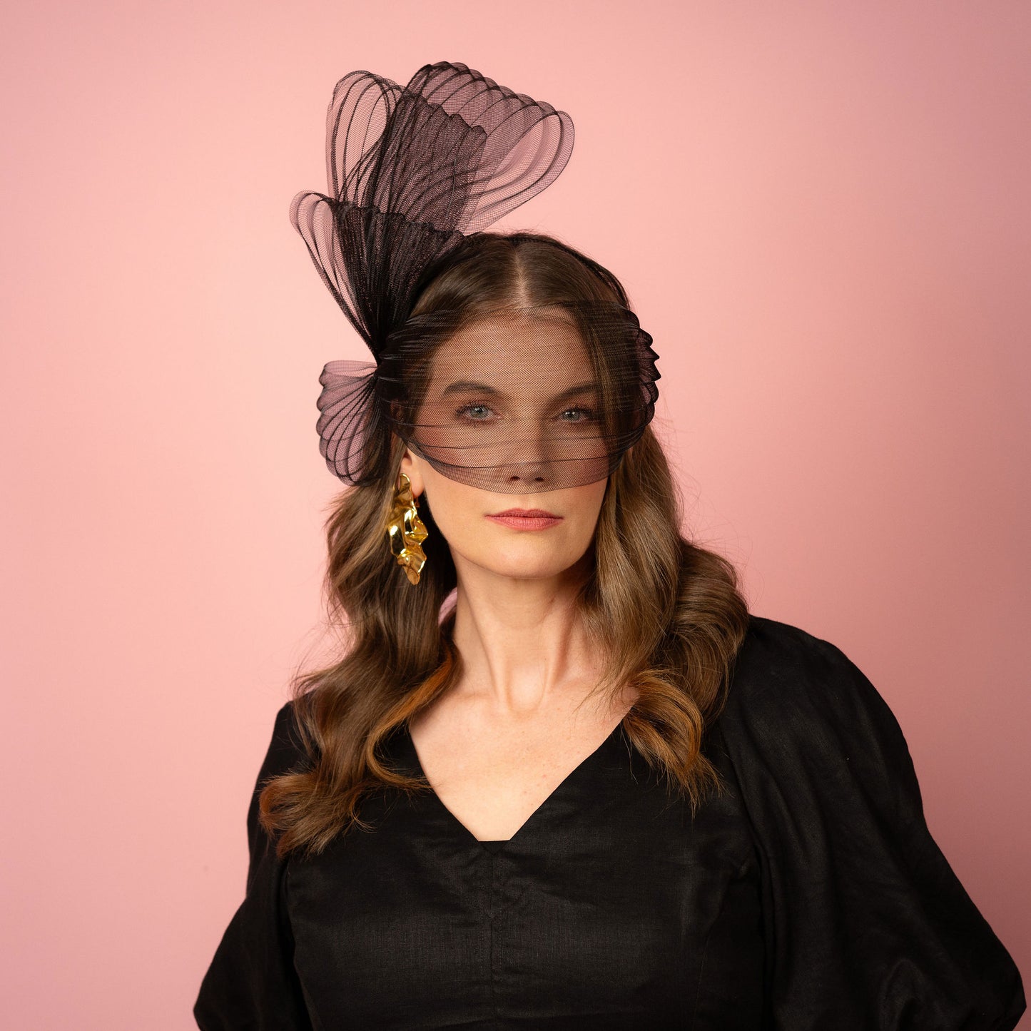 Claryssa pleated crinoline face bow with tiered bow Spring Racewear Headpiece