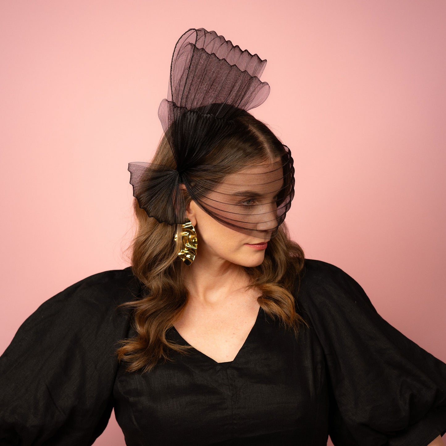 Claryssa pleated crinoline face bow with tiered bow Spring Racewear Headpiece