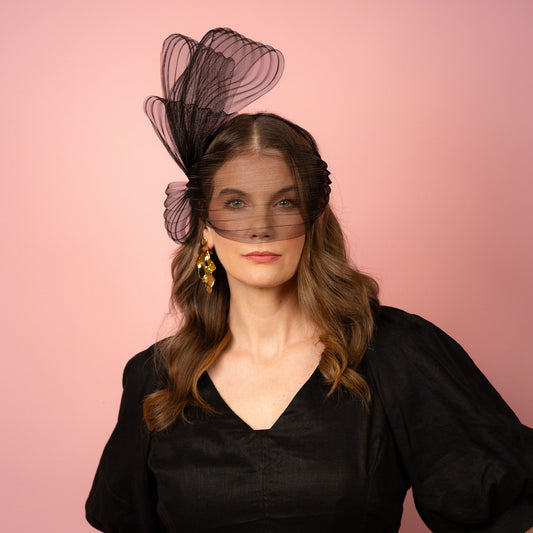 Claryssa pleated crinoline face bow with tiered bow Spring Racewear Headpiece