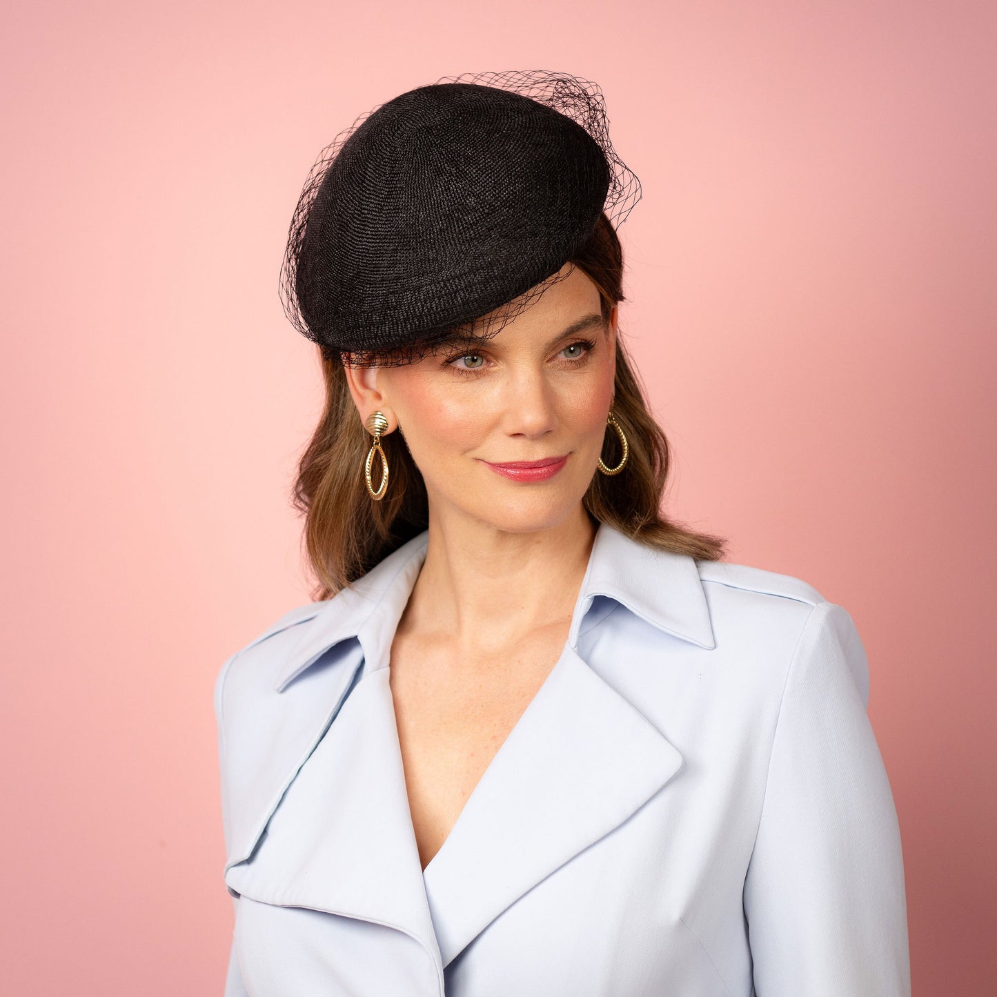 Clementine Straw Beret with veiling in Black Spring Racing Headpiece